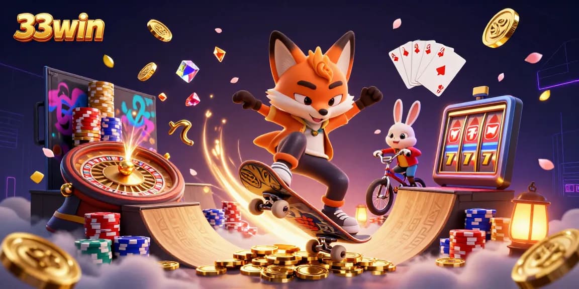 Experience the thrill of 33win with a dynamic casino scene featuring gaming elements and lively characters.