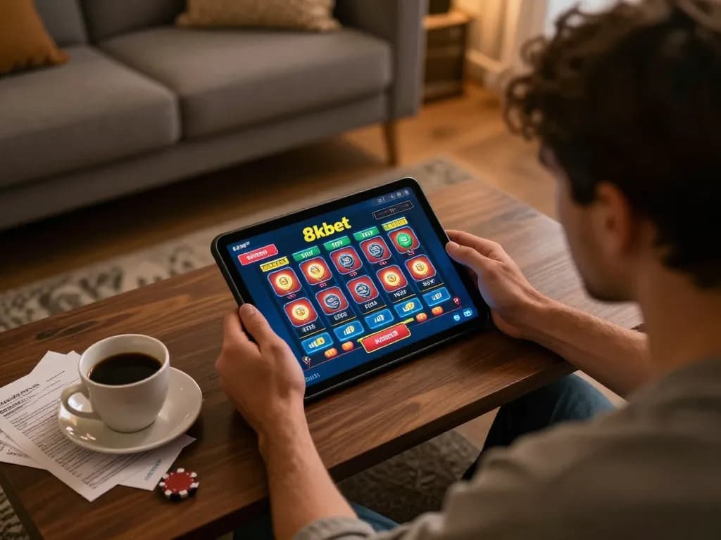 Player engaging with 8kbet gaming platform on tablet, emphasizing online casino action