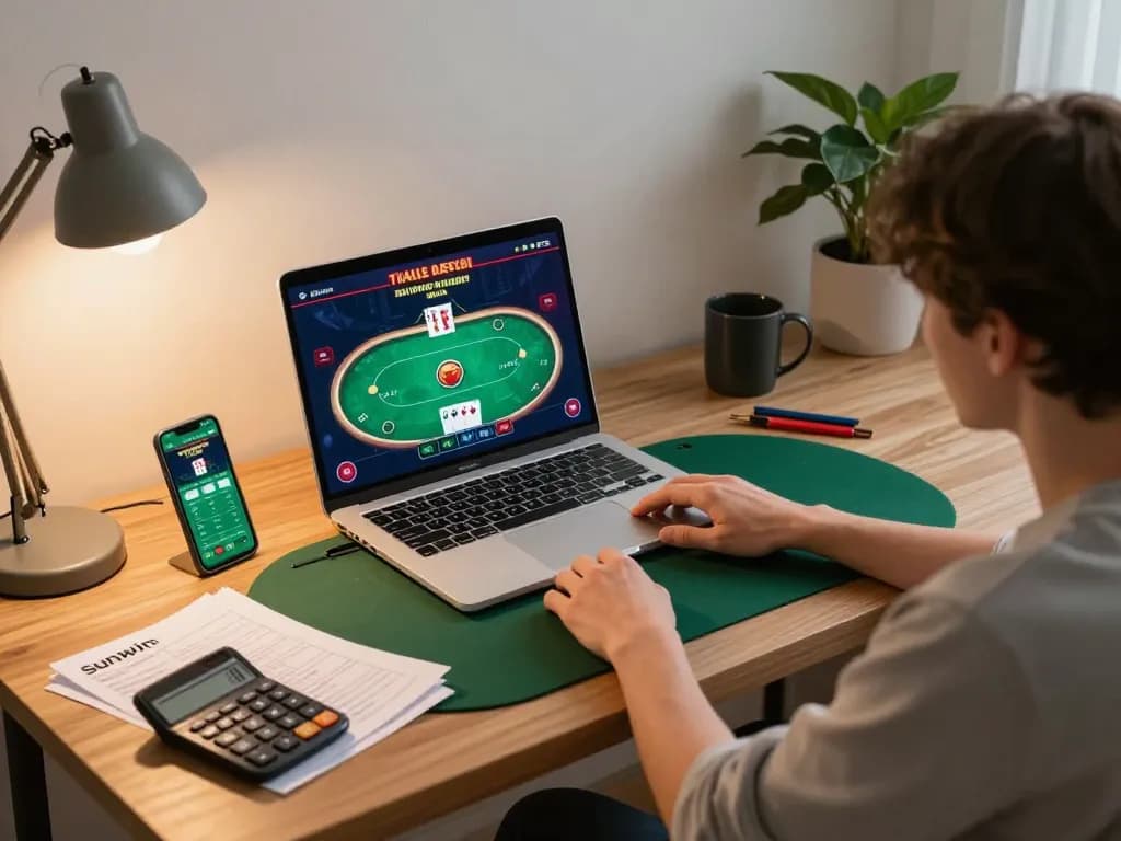 Engaging online poker session at home with Sunwin app on laptop, showcasing strategic gameplay.