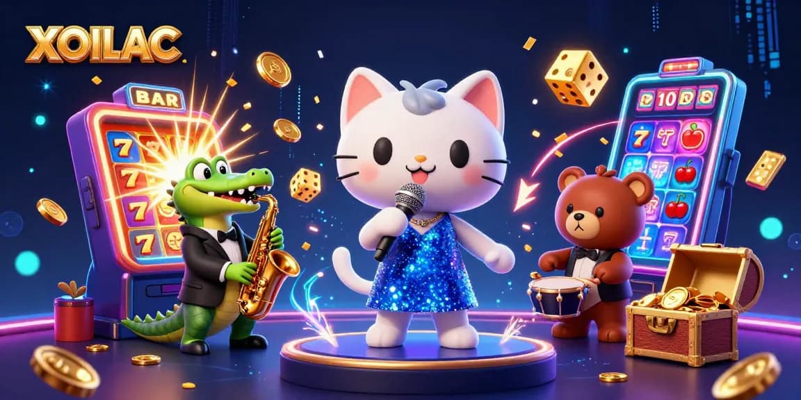 Spin the reels with XOILAC in this lively casino scene featuring a jazz cat, crocodile, and bear cub.