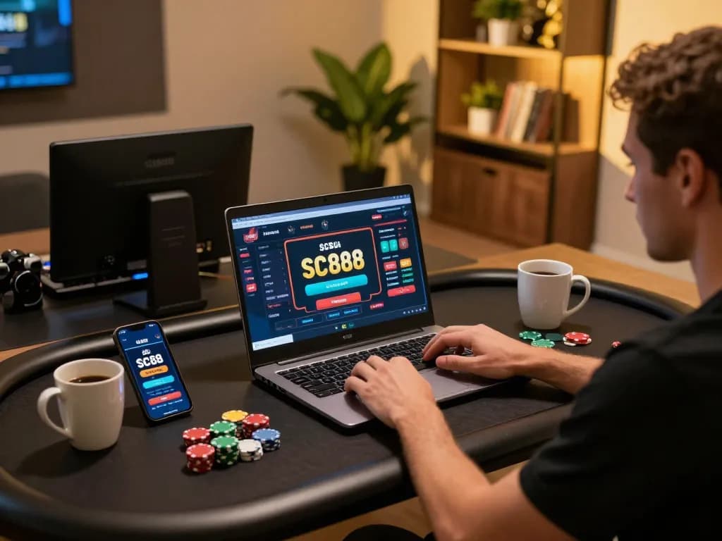 Engaging in SC88 Vip online gaming with laptop and smartphone in a cozy atmosphere.