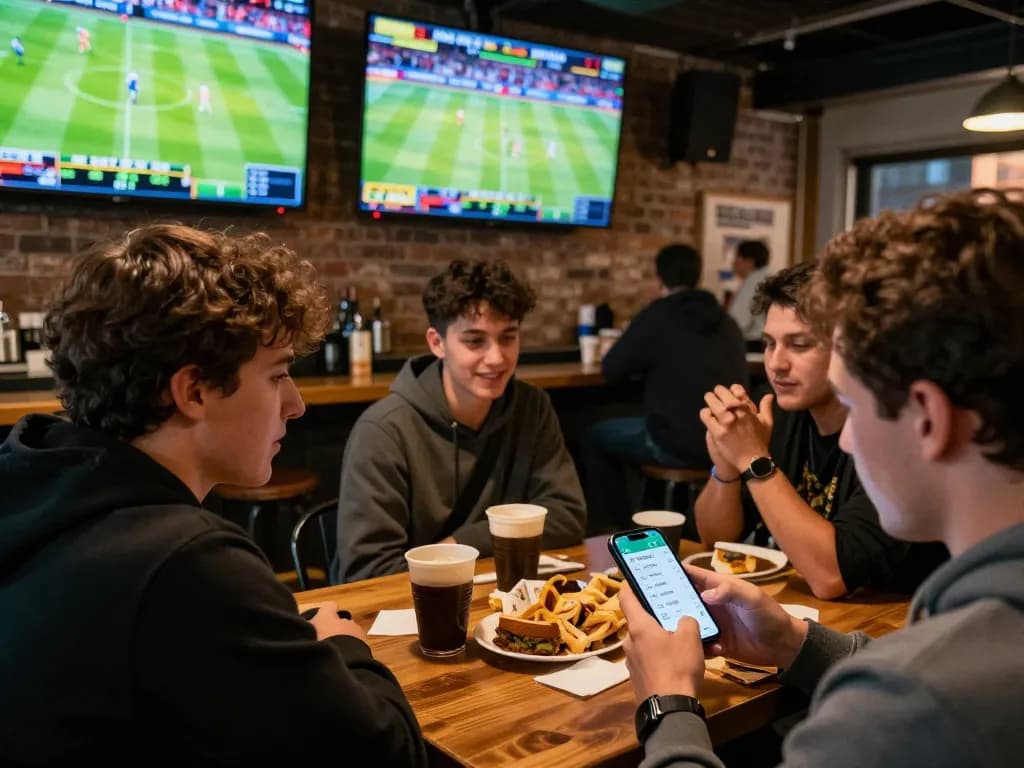 Engaged sports bettors tracking live events using ca khia platform on mobile devices at a vibrant venue.