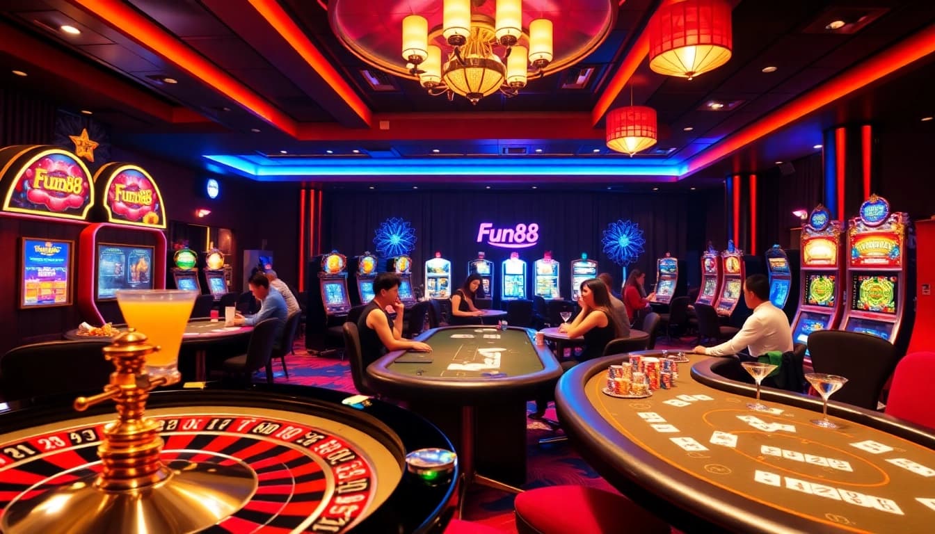 Excited players enjoying classic casino games at Fun88's vibrant gaming tables.