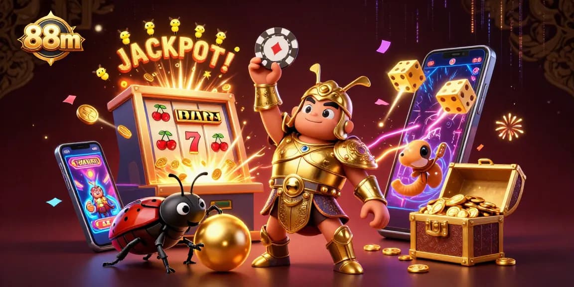 Experience the thrill of 88m with a bold hercules beetle celebrating a jackpot amidst a vibrant casino scene.