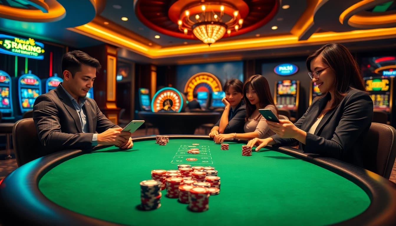 A vibrant casino scene showcasing players using nk88 link for online gambling, featuring poker and roulette tables.