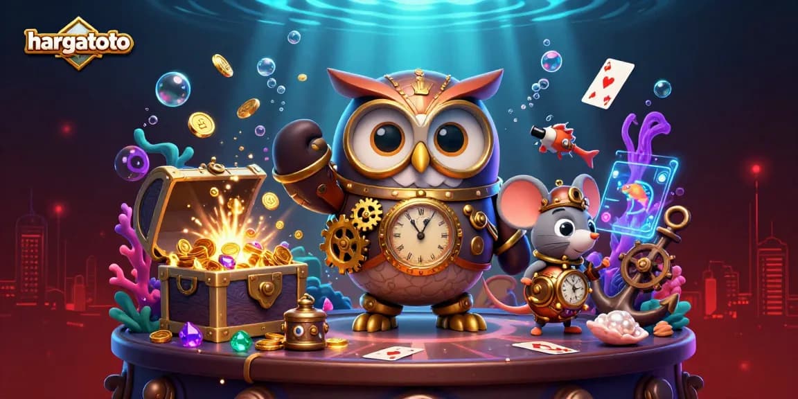 Spin the reels with HARGATOTO, featuring vibrant 3D characters and underwater treasures in a dynamic casino scene.