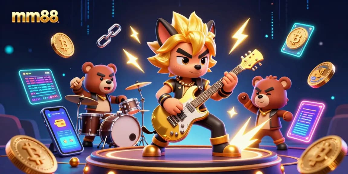 Experience the thrill of mm88 with a cartoon rock star wolf and vibrant crypto elements in a lively casino scene.