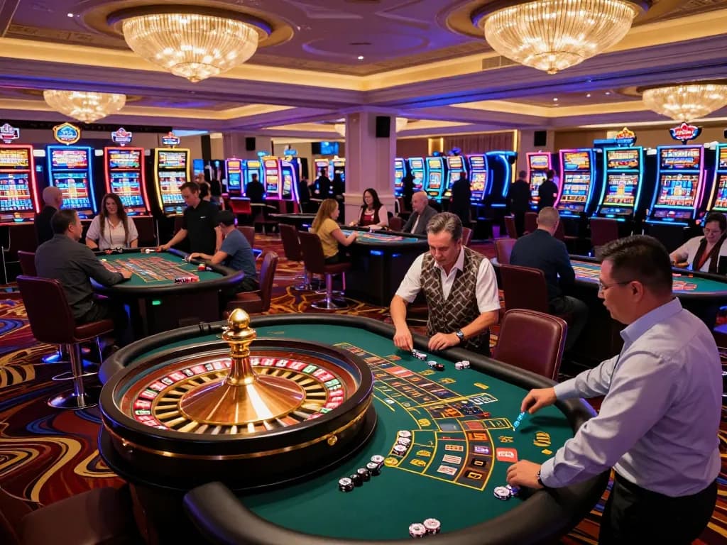 Topclub patrons placing bets at roulette tables in a vibrant Las Vegas casino.