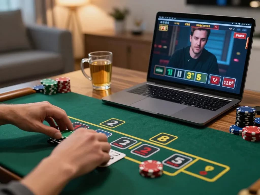 Engaging online blackjack gameplay at https://va88.moe/ with player placing chips in a cozy living room.