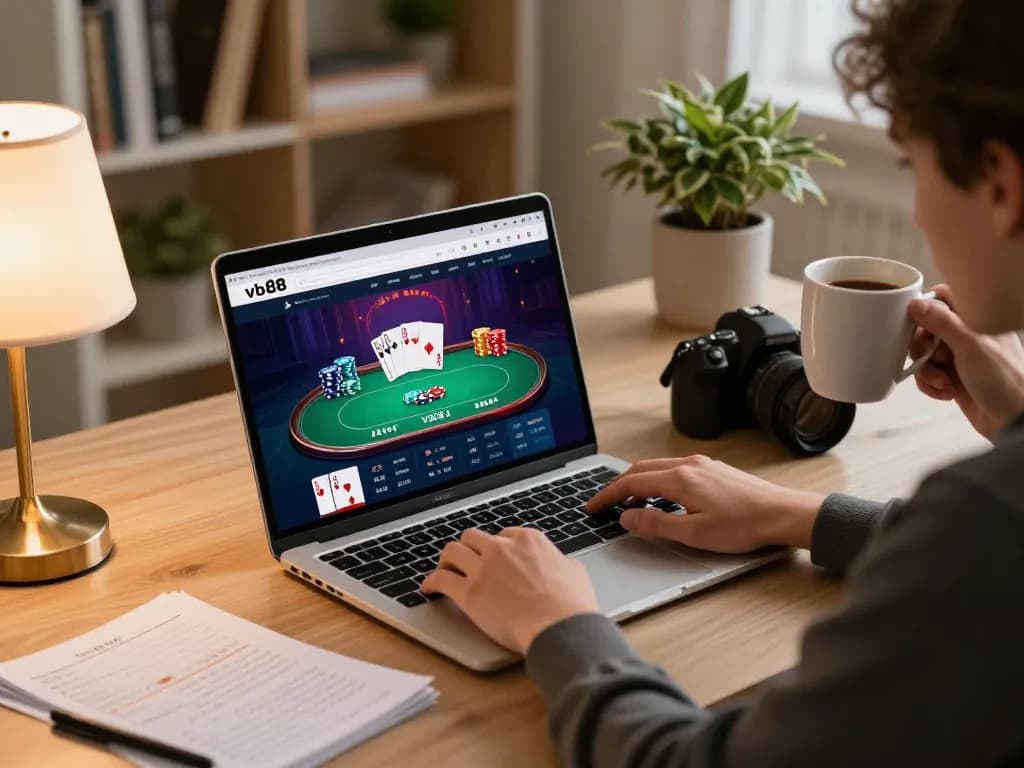 Engaging online gaming scene featuring the vb88 link vào poker interface on a laptop, showcasing responsible entertainment.