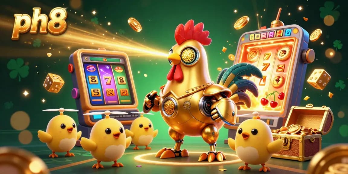 Experience thrilling gameplay at ph8 with a vibrant golden rooster robot surrounded by colorful casino elements.