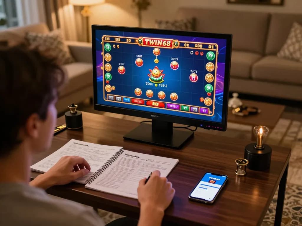 TWIN68 user engaging in online casino gameplay with strategy notes and smartphone in cozy home setting