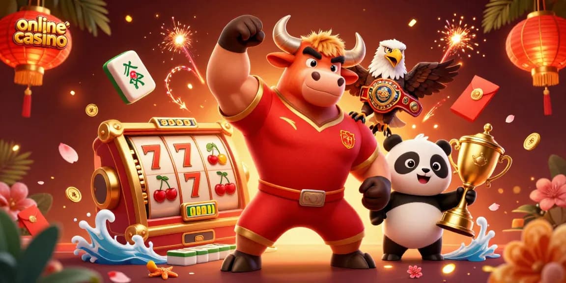 Engage with the vibrant atmosphere of an online casino as a muscular bull celebrates victory amidst spinning slot machines and festive decorations.