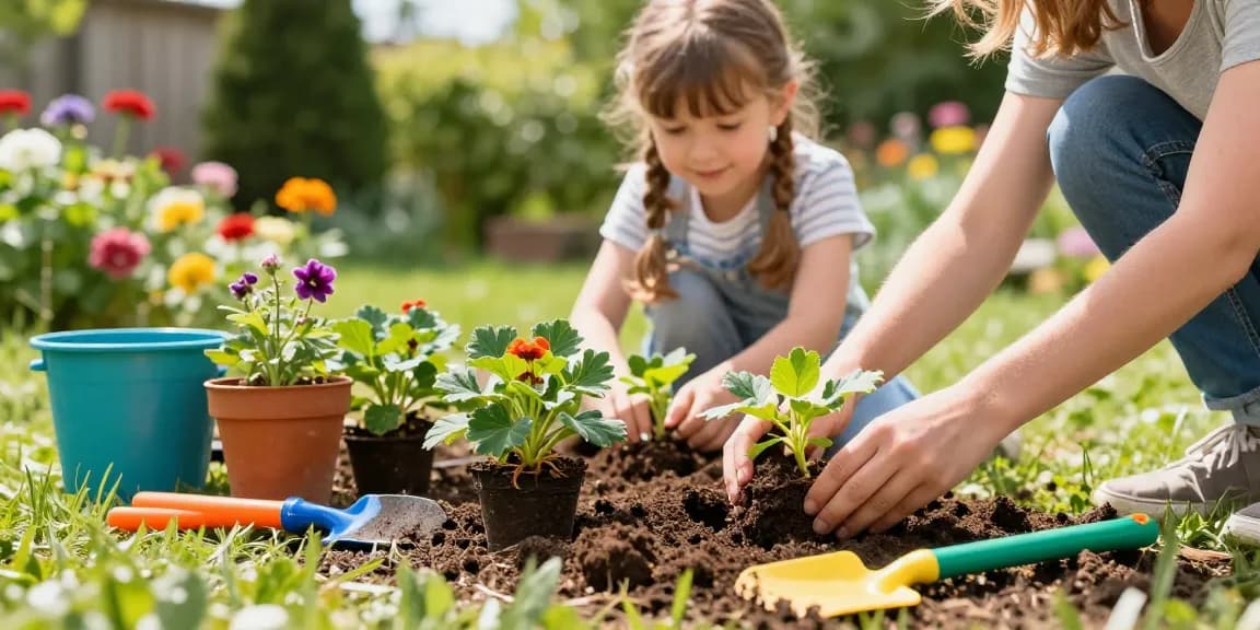 Gezin plant sedummat kopen in een levendige tuinsetting, met kleurrijke gereedschappen en groen.