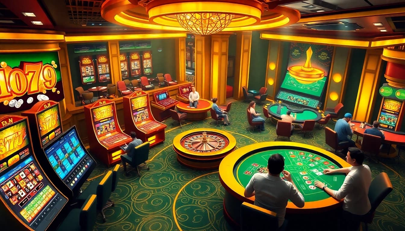 Alo789 online casino gamers engaged in thrilling betting activities with vibrant gambling visuals.