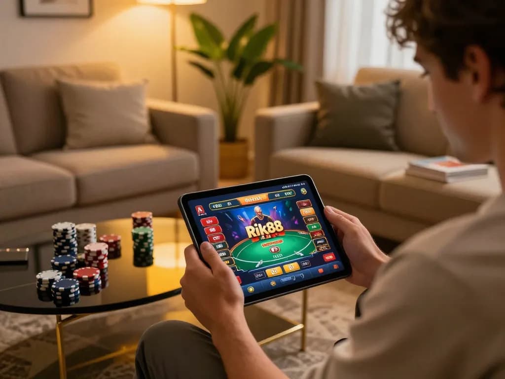 Engaging gameplay at Rik88 casino showcased on tablet during cozy home gaming session