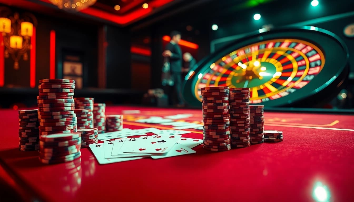 Win at MM88 with an exciting casino game featuring poker chips, cards, and roulette.