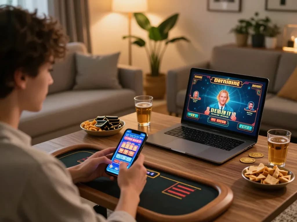 RIKVIP players enjoying slots and live dealer games on mobile and laptop in a cozy home setting.