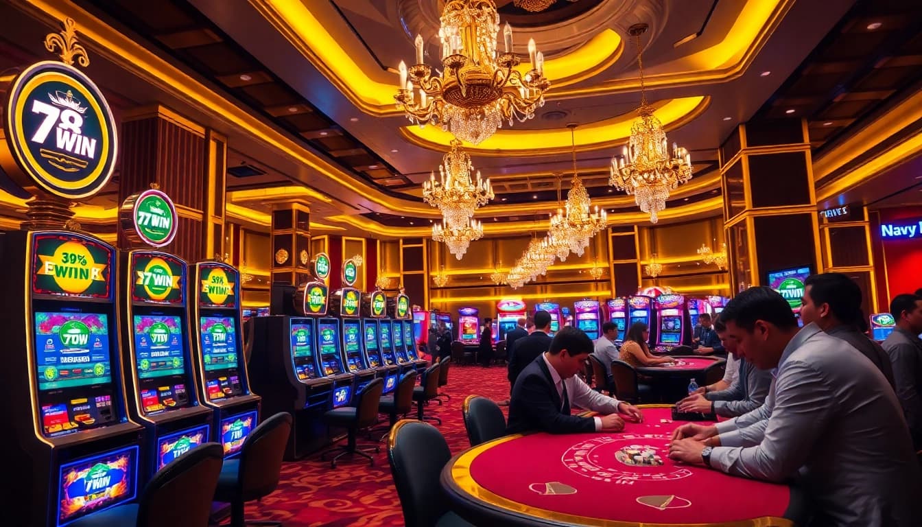Engaged players celebrating wins at slot machines in the 78WIN casino.