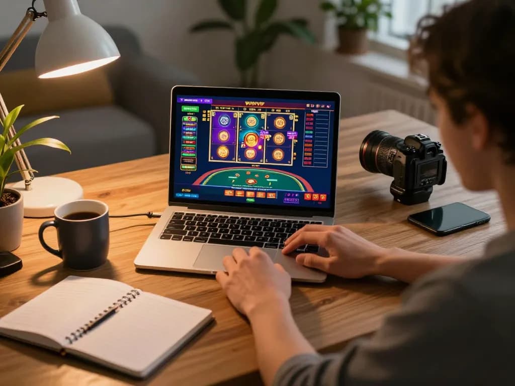 Engaging with PHPVIP online gaming app showing colorful slots and strategic notes in a cozy home office.