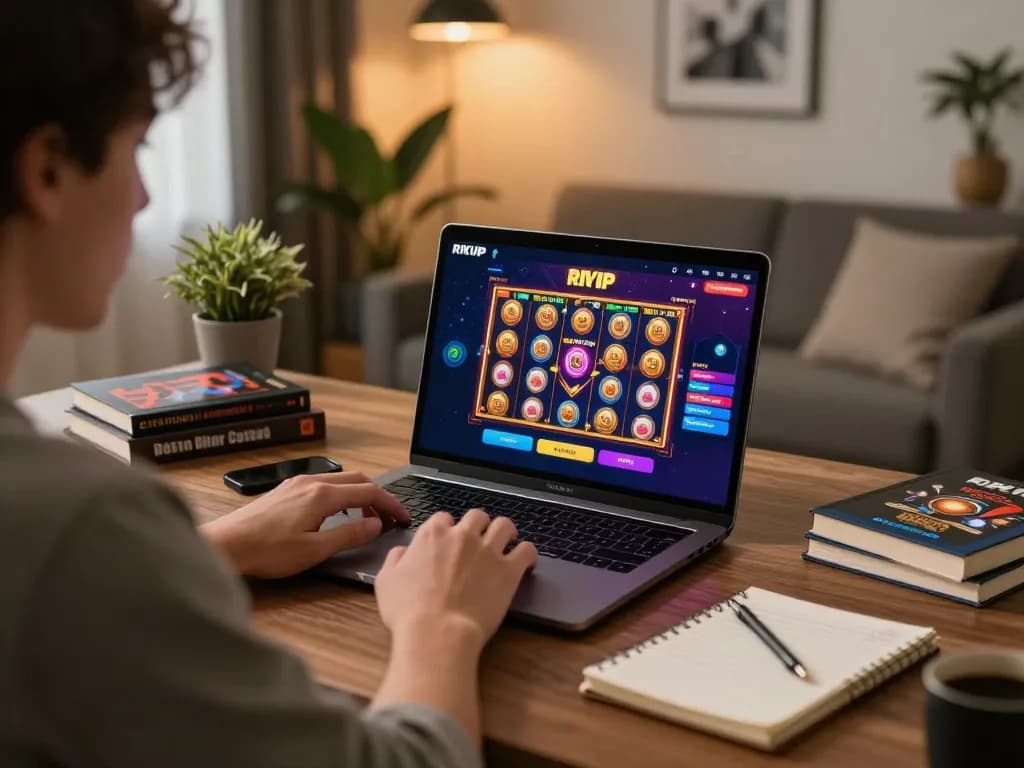 Engaging with RIKVIP casino app on a laptop while tracking gaming strategy in a cozy home office