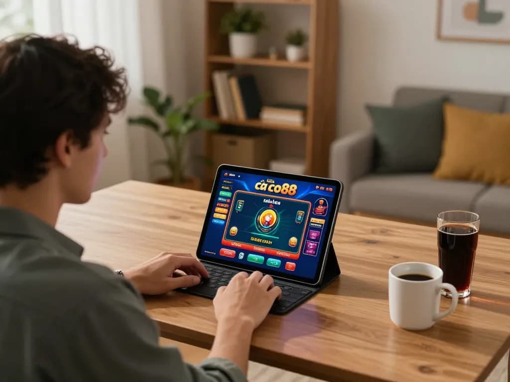 Player engrossed in live dealer games on nhà cái co88 app at a stylish home office.