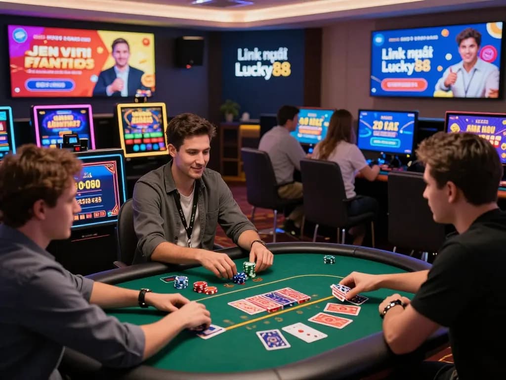 Exciting online gambling scene showcasing Link mới Lucky88 with diverse players enjoying virtual games.