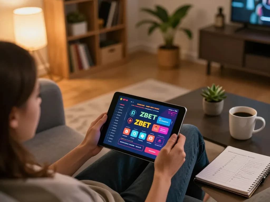 Zbet đăng nhập showing a person using a tablet for online casino gaming in a cozy home setting