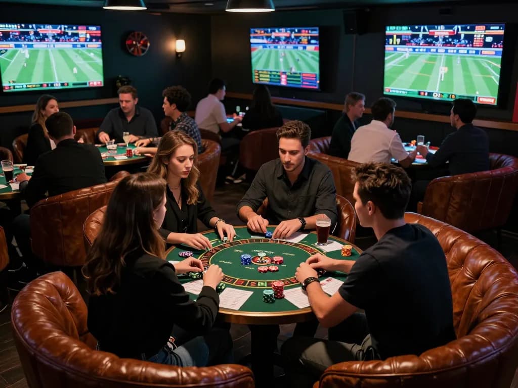 Betting slips and chips on the table as friends enjoy DA88 sports betting atmosphere