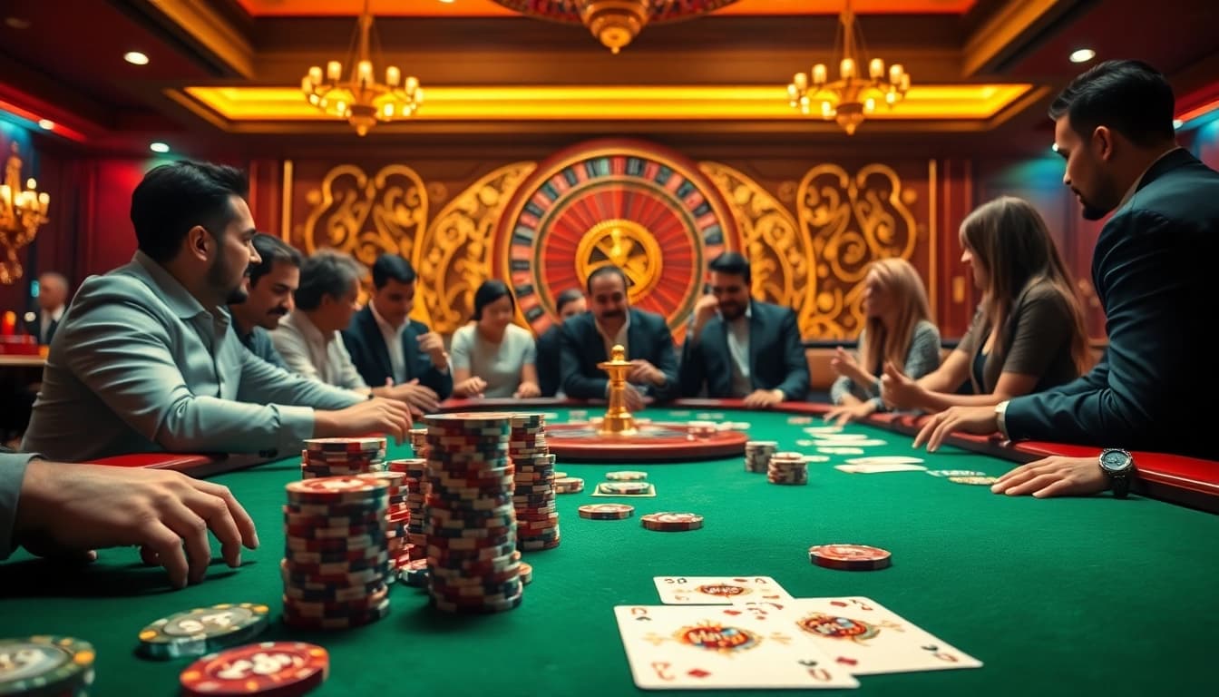 M98 poker night with players at an elegant table filled with colorful chips and cards.