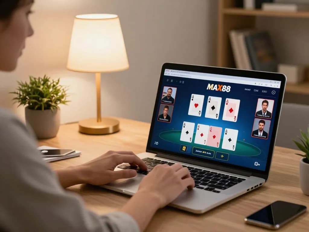 Play poker strategically with MAX88 on a sleek laptop in a modern home office setup, inviting atmosphere.