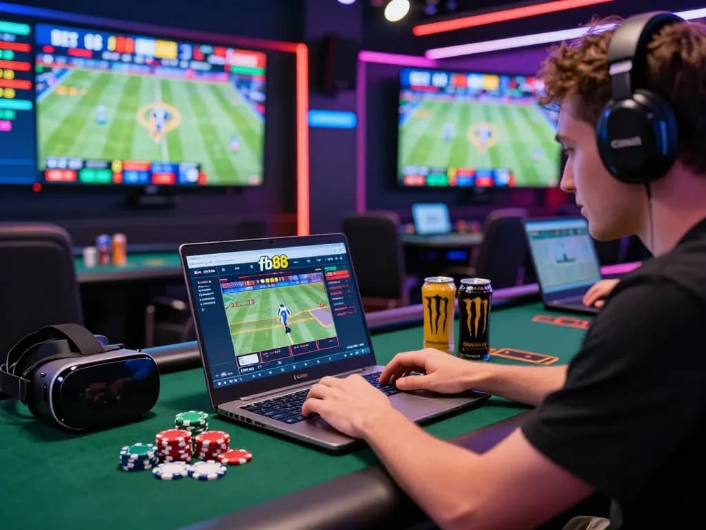 Excited player engaging in online betting on fb88 platform, modern workstation filled with gaming elements.