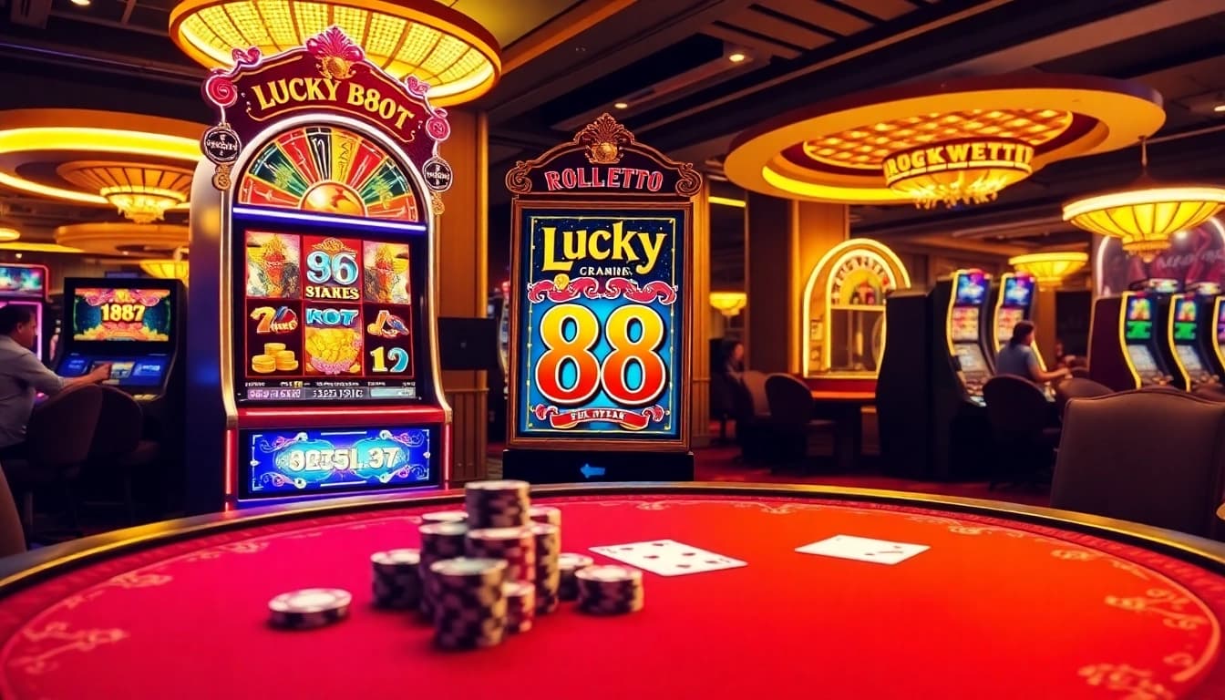 Excited players enjoying LUCKY88 slot machine in a vibrant casino atmosphere.