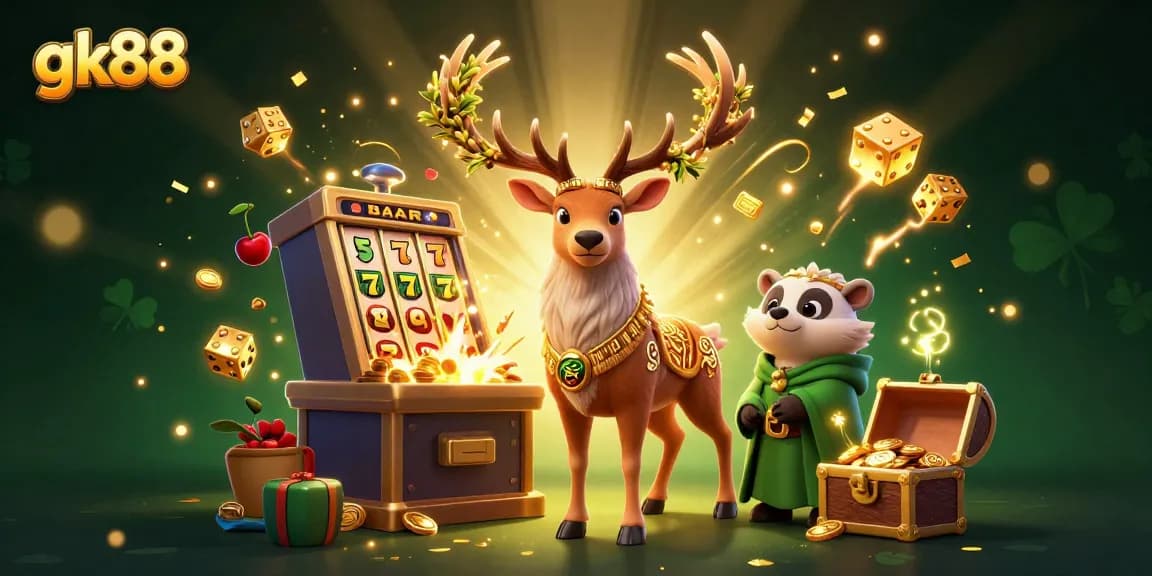 Engage with gk88's vibrant gaming scene featuring a cartoon druid, slot machines, and gold surprises.