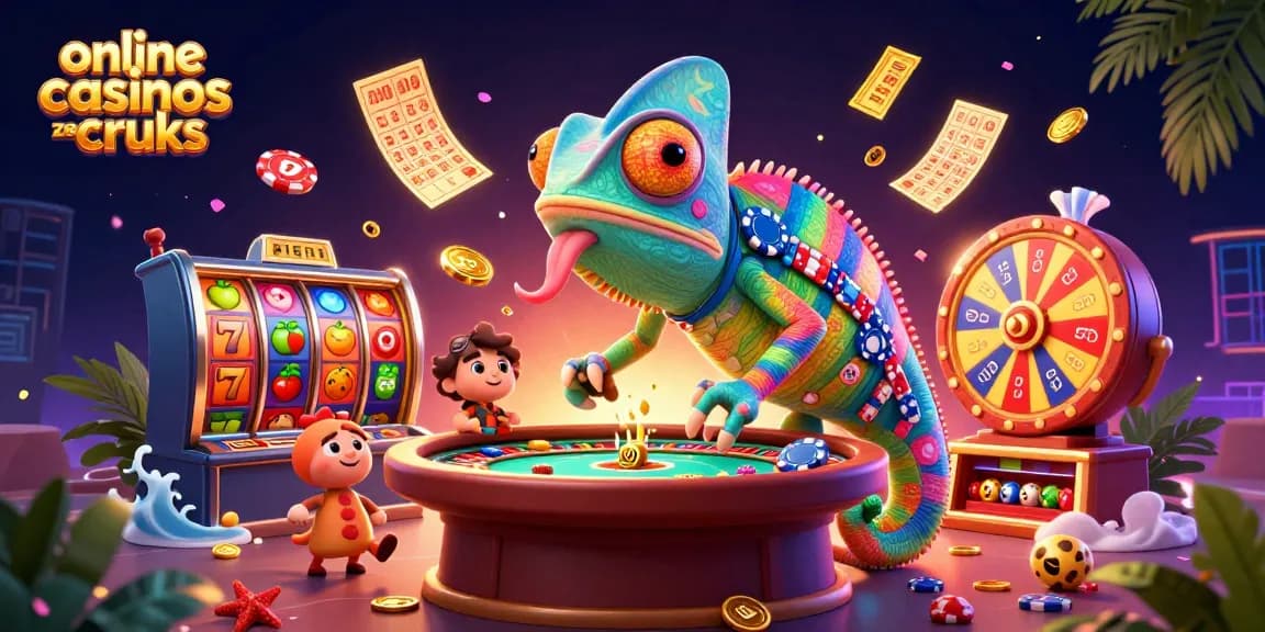 Engage with online casinos zonder cruks showcasing diverse gaming options, featuring a vibrant 3D chameleon casino owner.