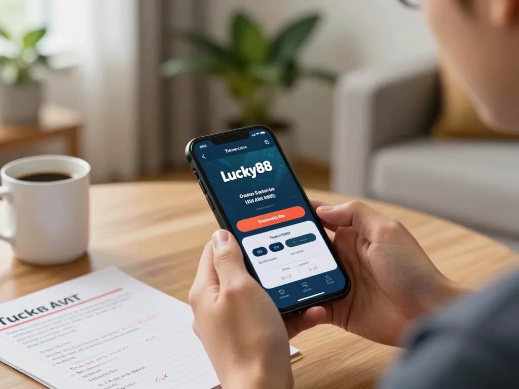 Lucky88 đăng nhập displayed on a smartphone in a cozy home setting, emphasizing a strategic gaming experience.