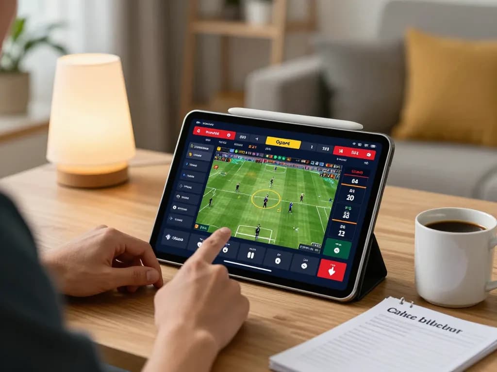 Person strategizing sports bets on a tablet at home using 28bets, emphasizing responsible gaming.