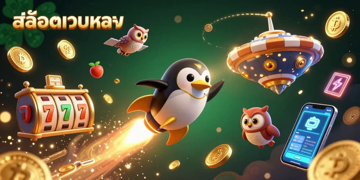 Engage with สล็อตเว็บตรง as a golden penguin flies to a poker chip casino, surrounded by crypto coins and vibrant slot elements.