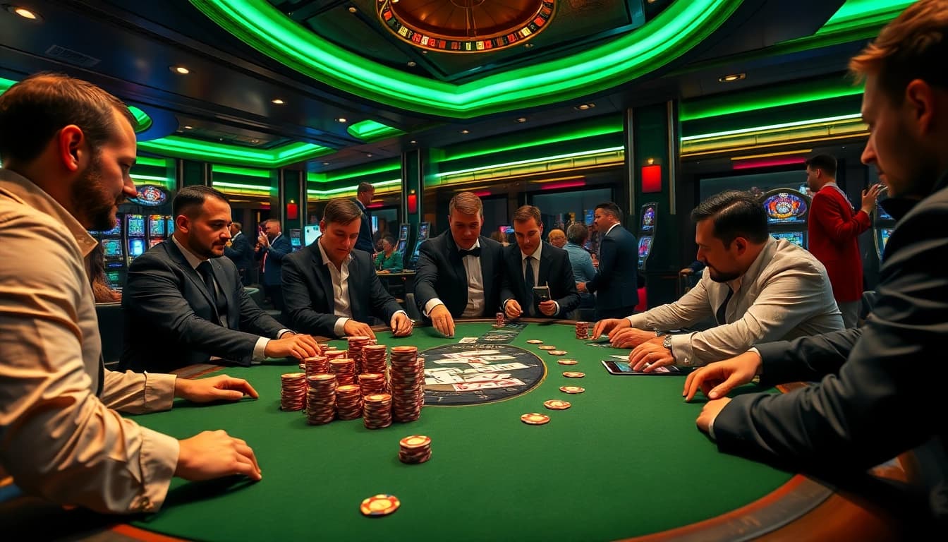 Intense poker game at a man club with luxurious casino settings and vibrant atmosphere.