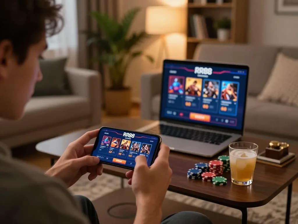 RR88 user actively placing bets on smartphone in a cozy home gaming setup with engaging visuals.