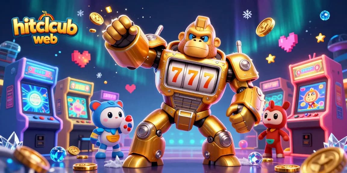Engage with hitclcub web in a vibrant 3D casino scene featuring a golden gorilla mech and game elements.