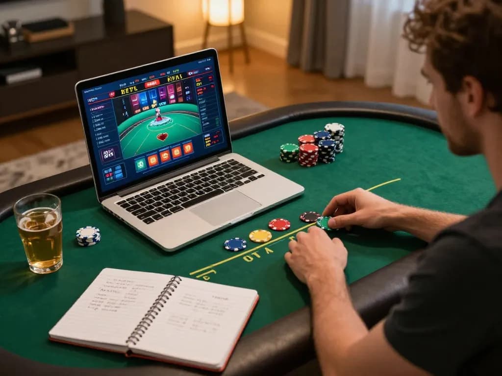 Player winning at poker game online at 566 with sleek laptop and vibrant atmosphere