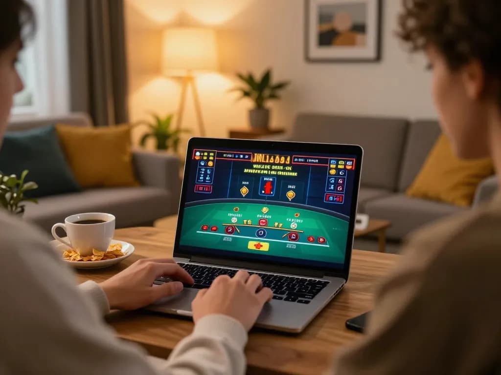 Engaging gameplay with Nhà cái vswin showcasing a live dealer blackjack game on a laptop in a comfortable home setting.