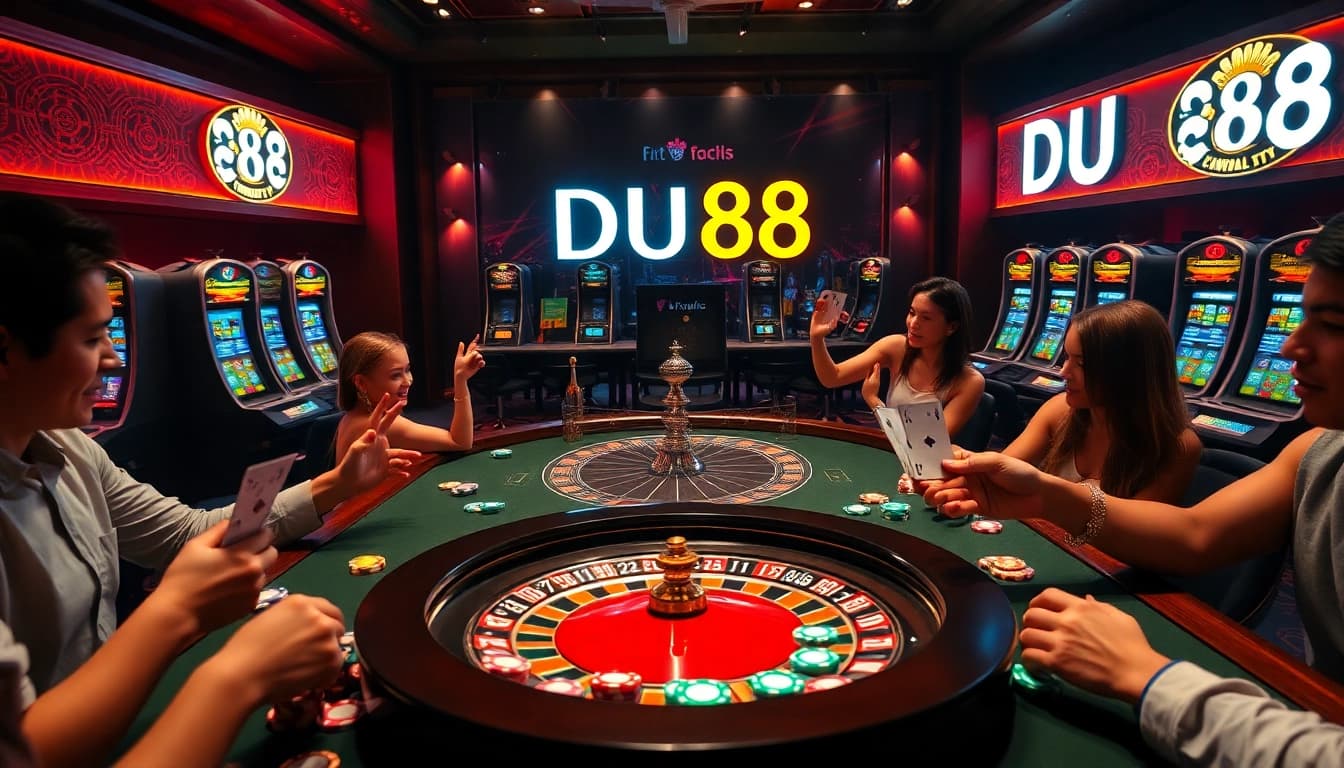 Experience the thrill at DU88 with a vibrant casino scene showcasing roulette and enthusiastic players.