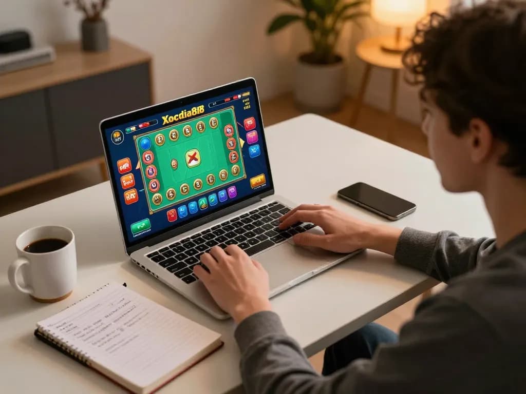 Xocdia88 player engaging with online xóc đĩa game on a laptop at home desk.