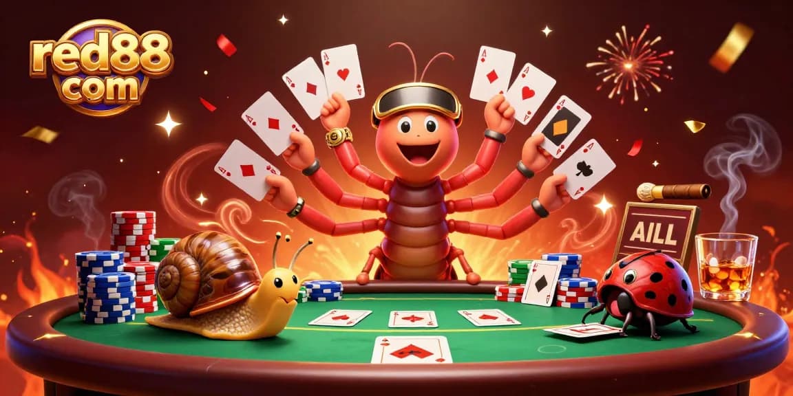 Experience excitement at red88 com with 3D cartoon characters celebrating a poker game.