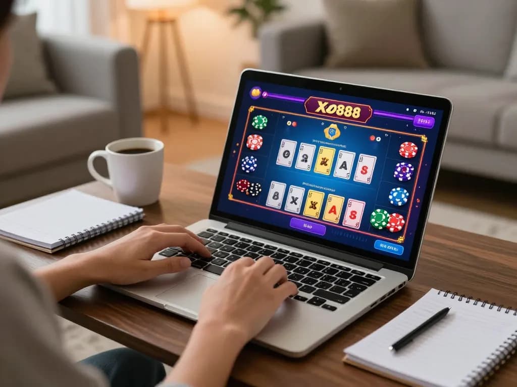 Xo88 player engaged in online casino gambling at home on a laptop, showcasing vibrant game interface and comfortable setting.