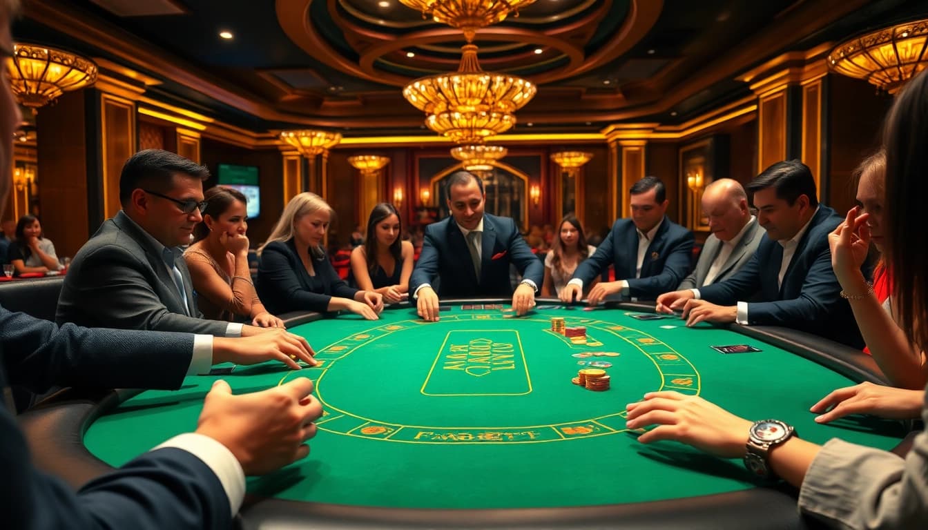 FABET players excitedly placing bets at an elegant poker table in a dynamic casino setting.