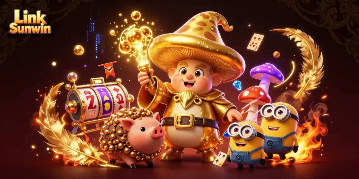 Engage with Link Sunwin at a vibrant casino scene featuring a magical mushroom wizard and treasure-hunting pig.