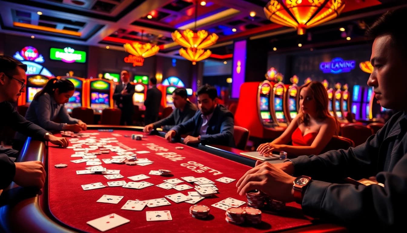 Engaging scene of a game bài with vibrant colors and players at a casino table.